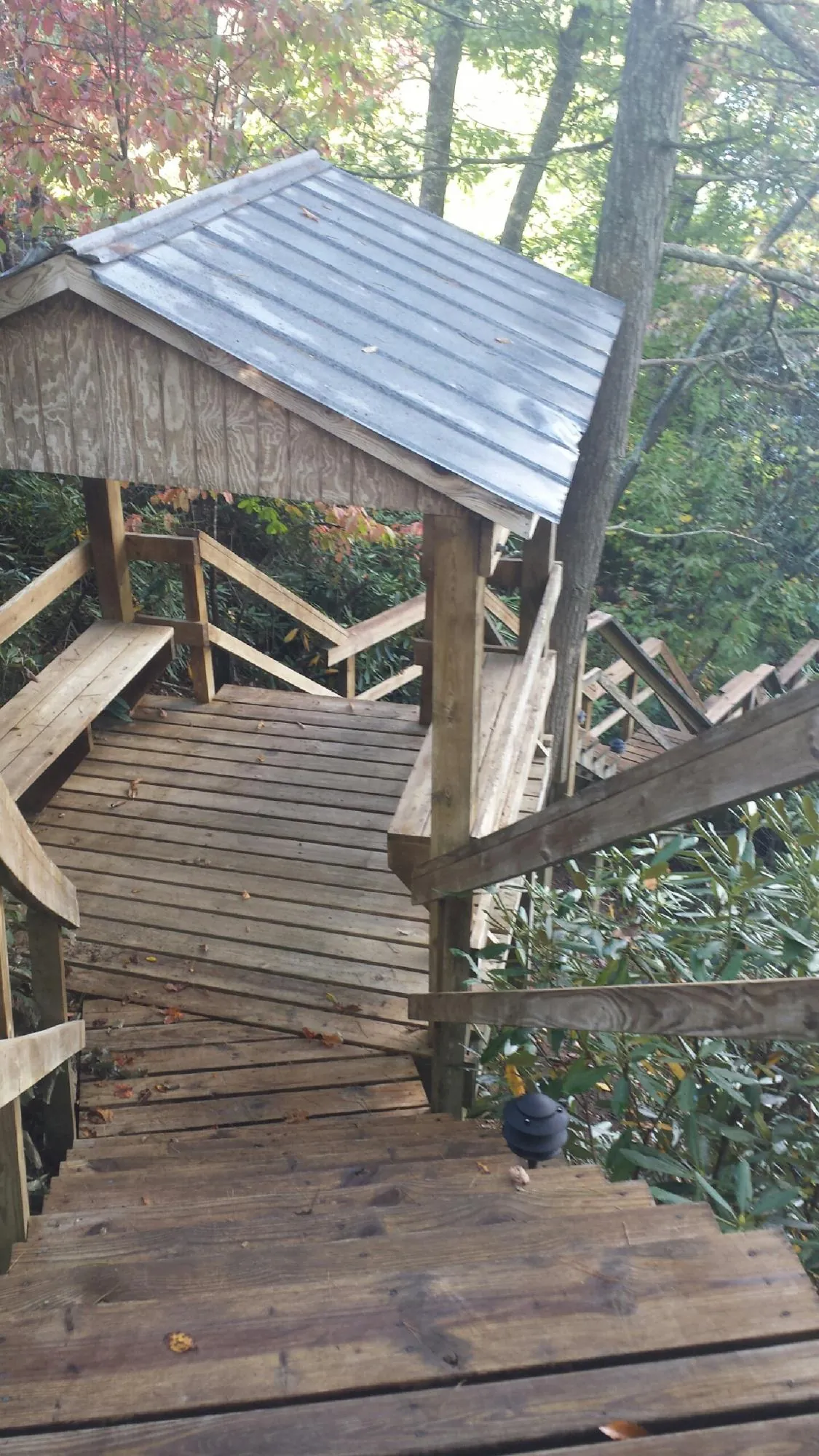 Metal roofed shelter over wooden steps on a wooded walkway — Skylight Repair & Installation work by our crew in Louviers